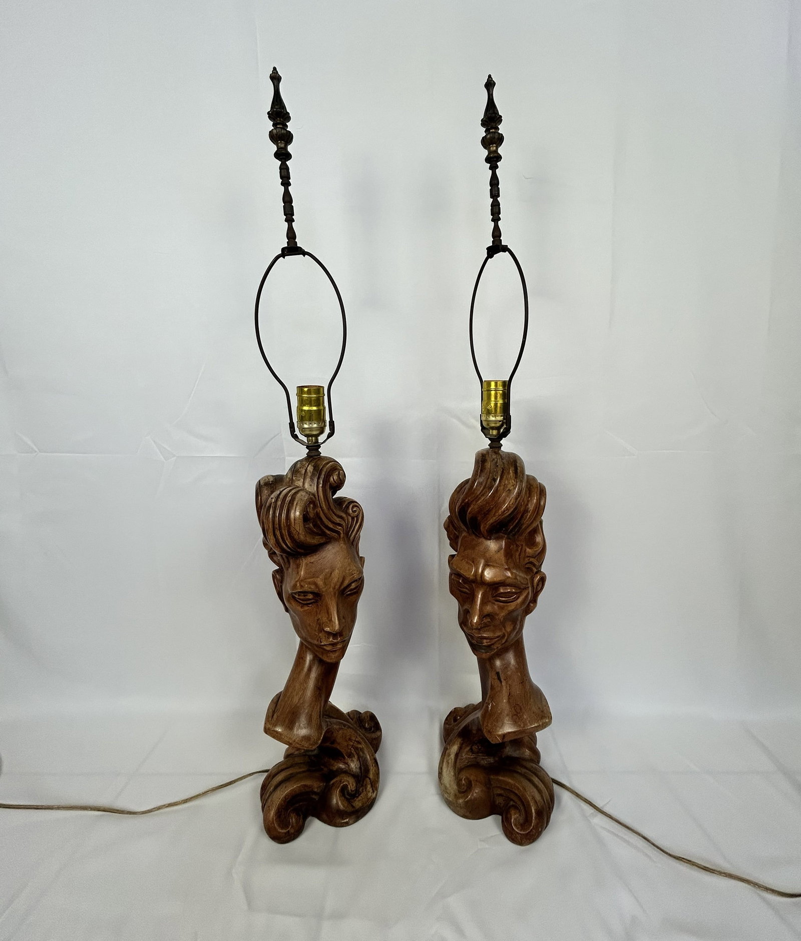 Pair of Vintage Stylized Wood Bust Table Lamps (1 of 10)