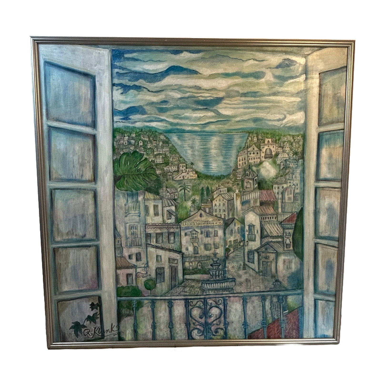 Robert Klunk View from Balcony Framed: Extra large, framed canvas by Robert Klunk, depicting a coloful view from a balcony of a village with the sea in the background. Signed.