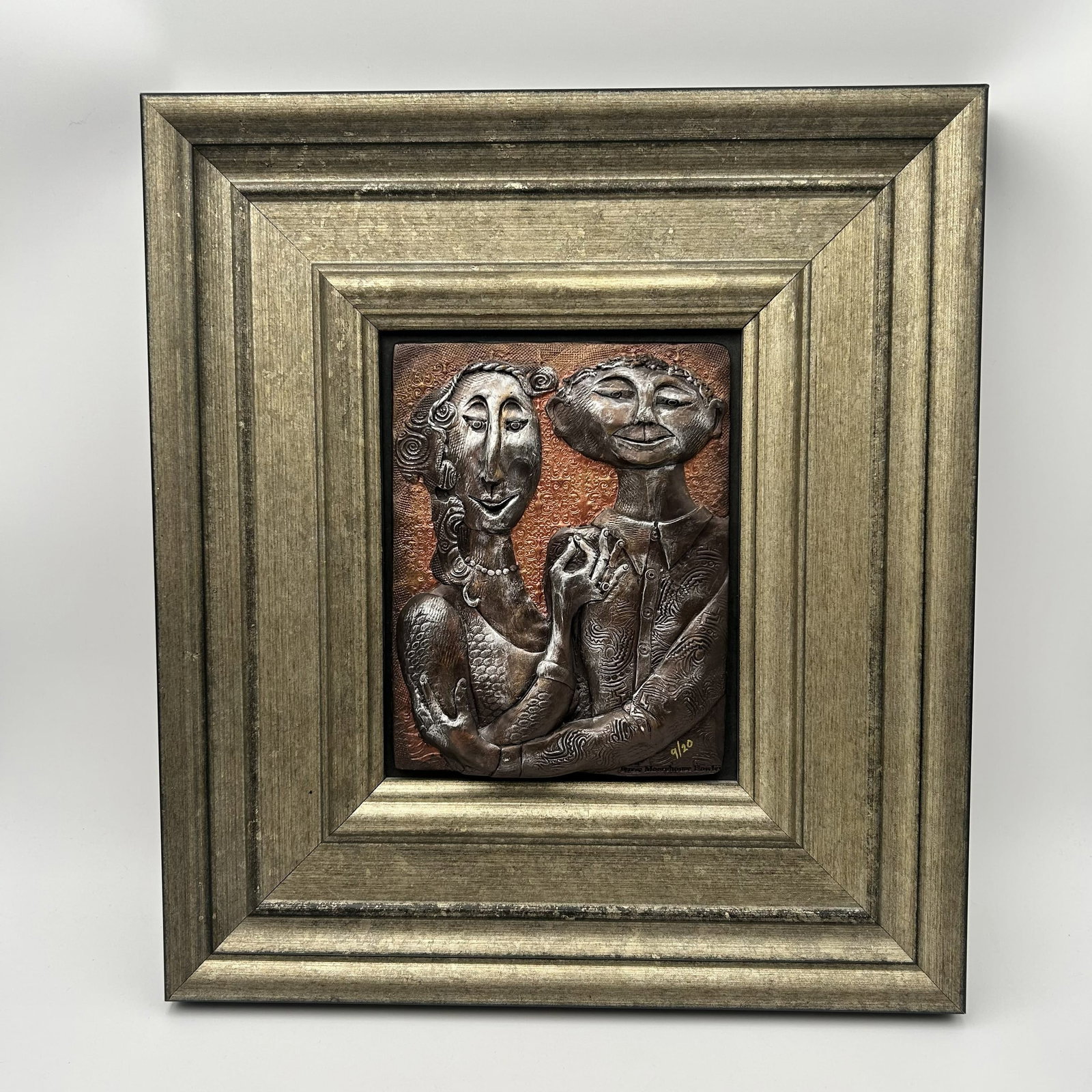 "The Anniversary" by Teresa Moorehouse: Nicely framed and matted, narrative sculpture titled "The Anniversary" by Teresa Moorehouse. Crafted from cold-cast bronze and features patinas of copper and silver. The pices is number 9 of 20, as