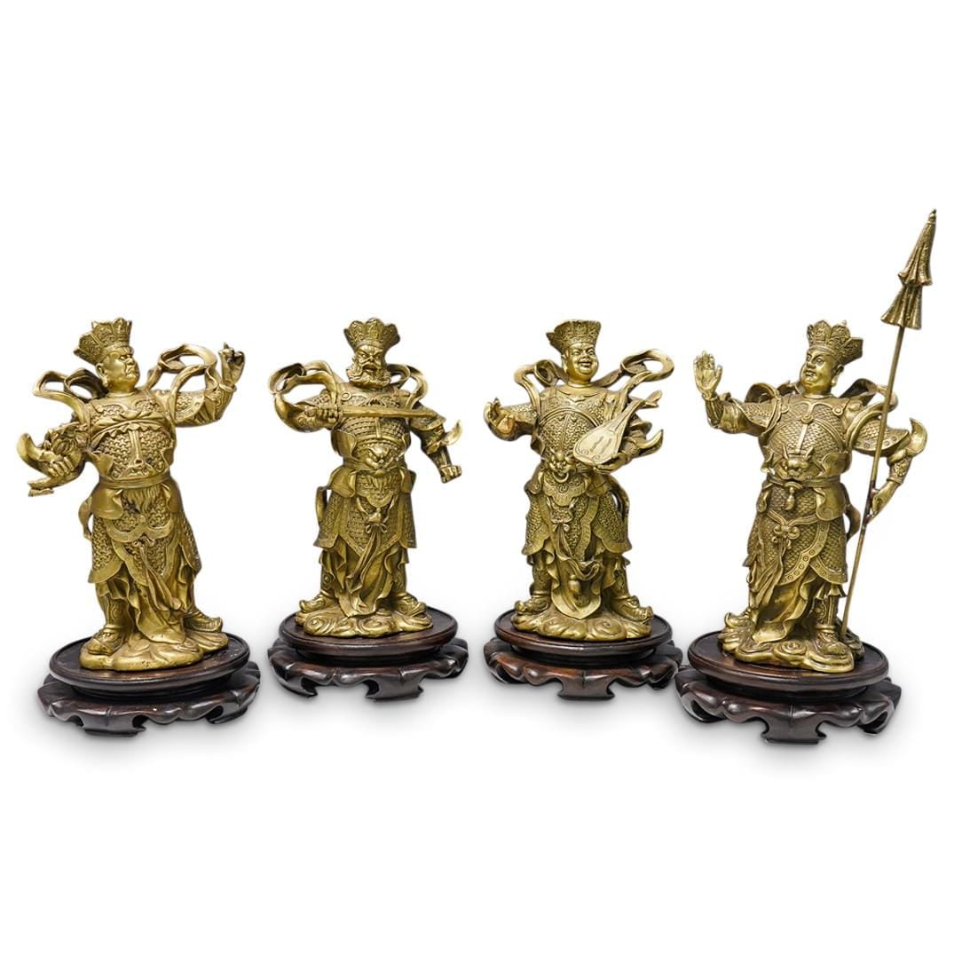 Four (4) Piece Vintage Chinese Gilt Bronze Four Heavenly Kings On Bases: Four piece set of vintage bronze figurines depicting the "four heavenly kings", Buddhist deities representing various elements of Buddhist doctrine and bearing attributes related to their roles in