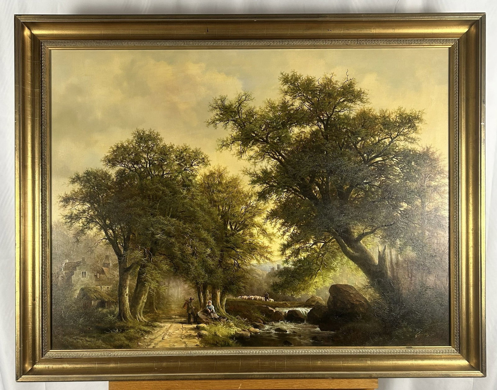 Eleonore Guinther Landscape Oil on Canvas # 1: This is an Eleonore Guinther (1947) Landscape oil on canvas painting, with magnificent frame. Guinther frequently feature travelers at rest, dirt paths, mature rustic trees, and flowing streams. She