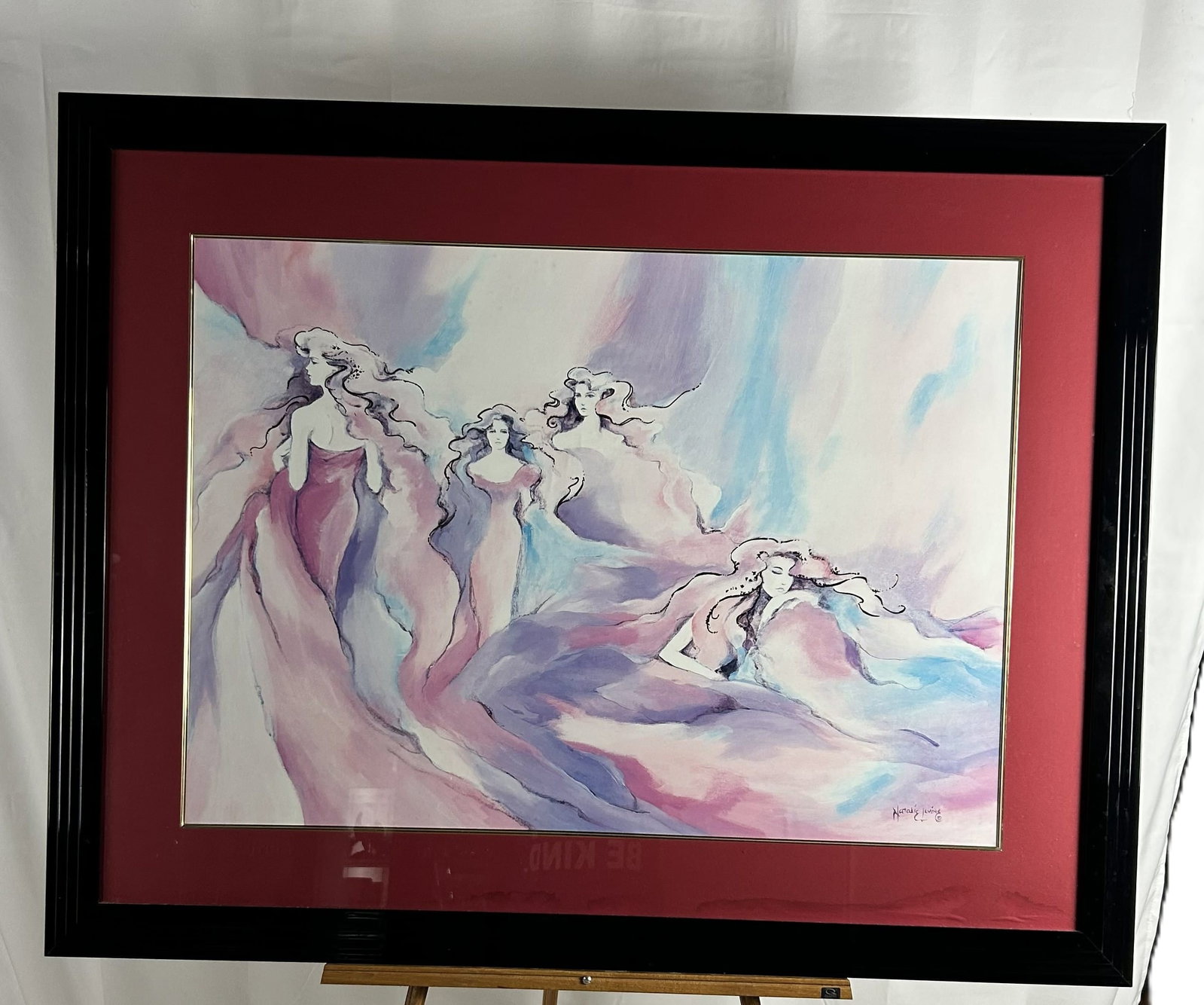 Watercolor or Serigraph painting by Natalie Levine: Framed and matted, under glass, watercolor or serigraph painting by Natalie Levine. The piece depicts multiple figures with flowing gowns in soft shades of pink, blue and violet, showcasing a blend