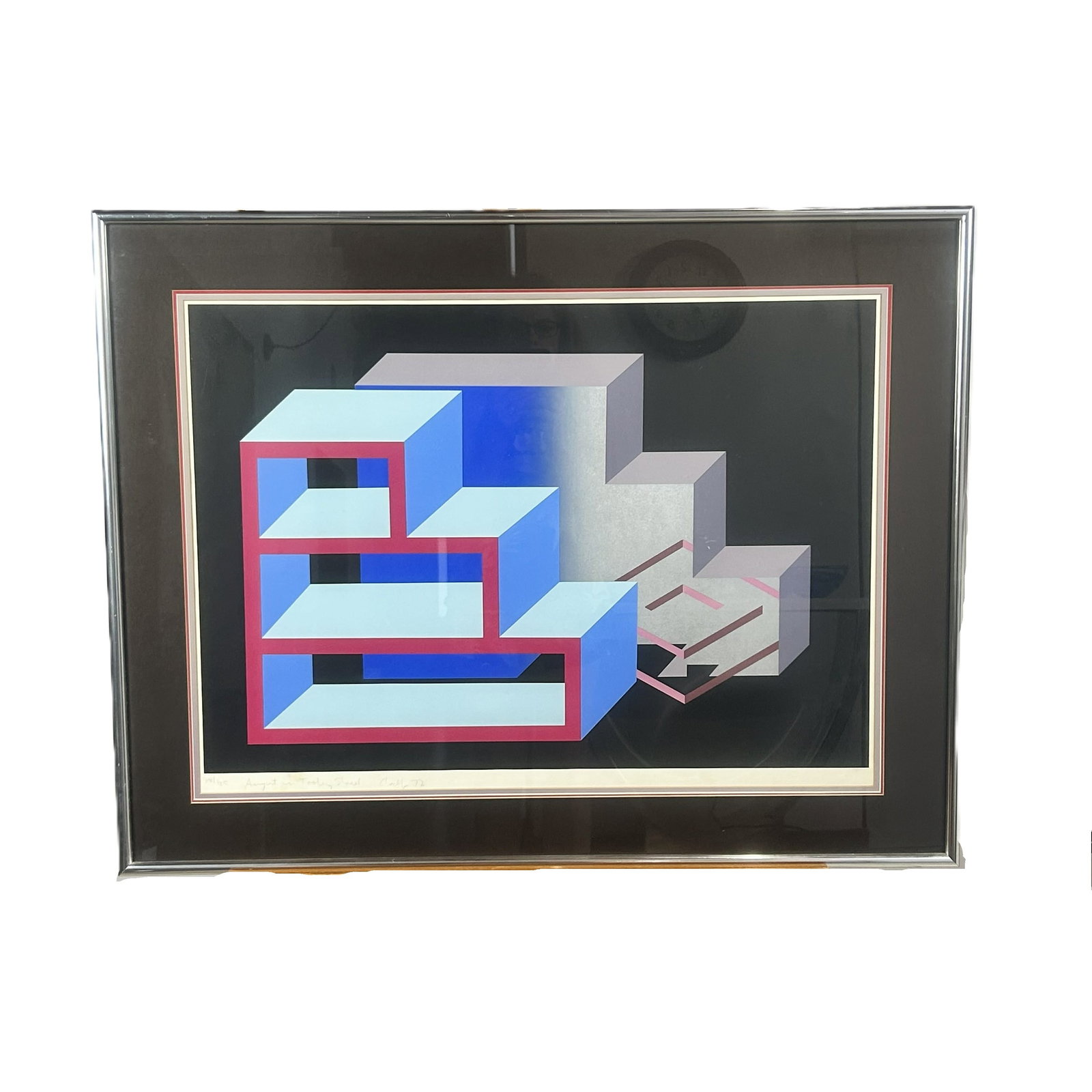 "August in Tooley Street" by Michael Challenger, screenprint: This is a framed, under glass, screenprint titled "August in Tooley Street" by British artist Michael Challenger, signed and dated 1972. Numbered 28/125 The artwork is a classic example of Op-Art