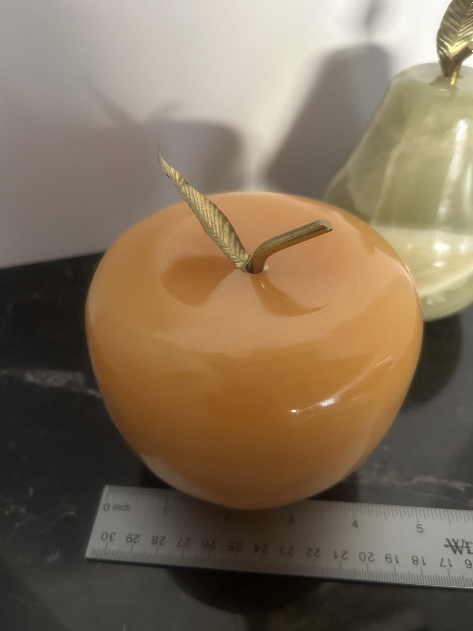 Vintage Yellow Marble Apple with Brass Leaf and Stem: Beautiful decorative polished marble apple with brass leaf and stem, coiuld be used as paperweight, or just a figurine, sculpture.