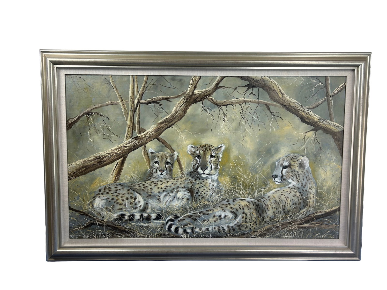 Cheetah Cubs Oil Painting Framed w/ Mat: Large, framed oil painting of three cheetah cubs resting under some branches. Private collection. Fresh to market. Mesmerizing eyes on these cheetahs makes them look like they are following you . Vivi