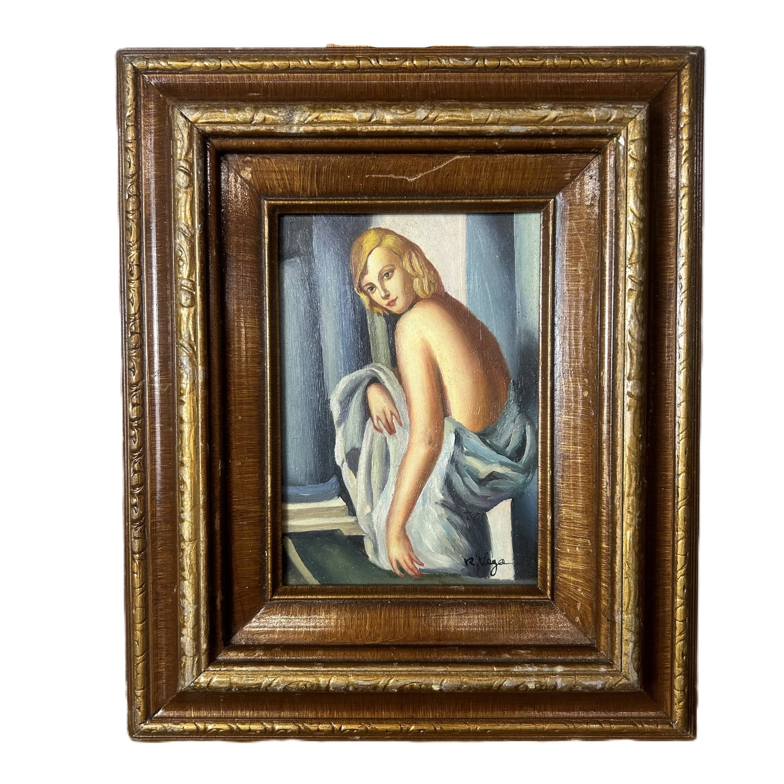 Art Deco Style Oil Painting, by R. Vega: This piece is an Art Deco style oil painting depicting a stylized, bare-backed blonde woman draped in a light blue or white cloth against classical columns. R. Vega is known to have painted