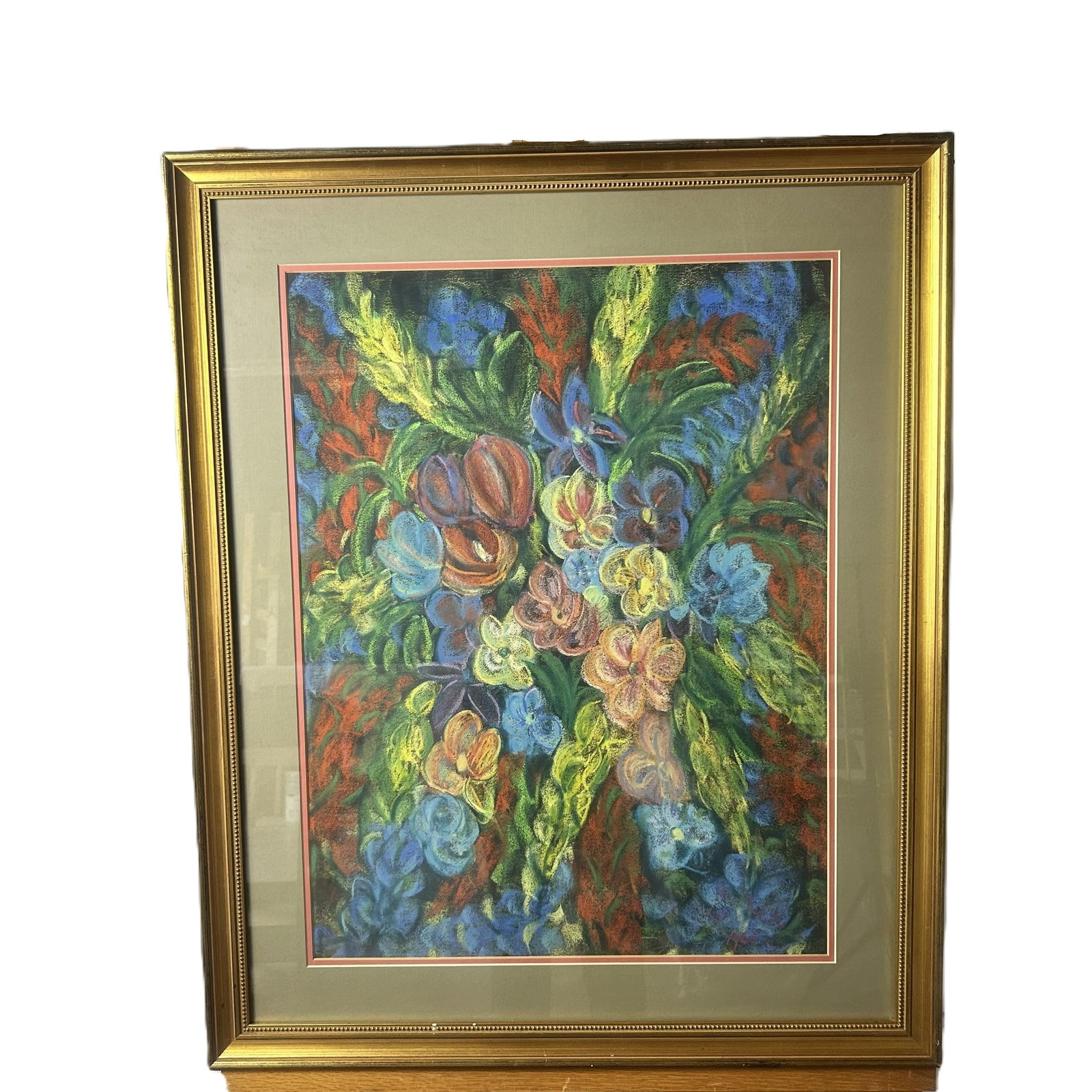 Vintage Framed Floral Still Life Artwork: This is a vintage framed floral still life artwork, signature is difficult to decipher. The piece is rendered in a vibrant, expressive Post-Impressionist or modern style, featuring a dense bouquet of 