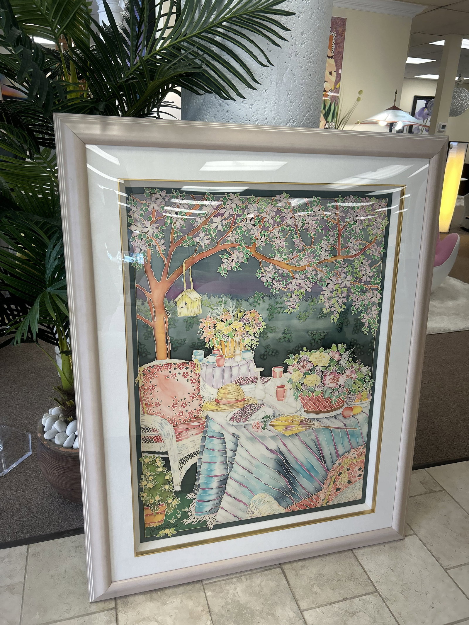 "Sausa Lifo Fall" by Susan Patricia Framed: Exquisitly matted and framed, silk artwork by Susan Patricia. Susan Patricia was born in Los Angeles, California. The artist divides her time between Southern California and the Hawaiian Islands. She