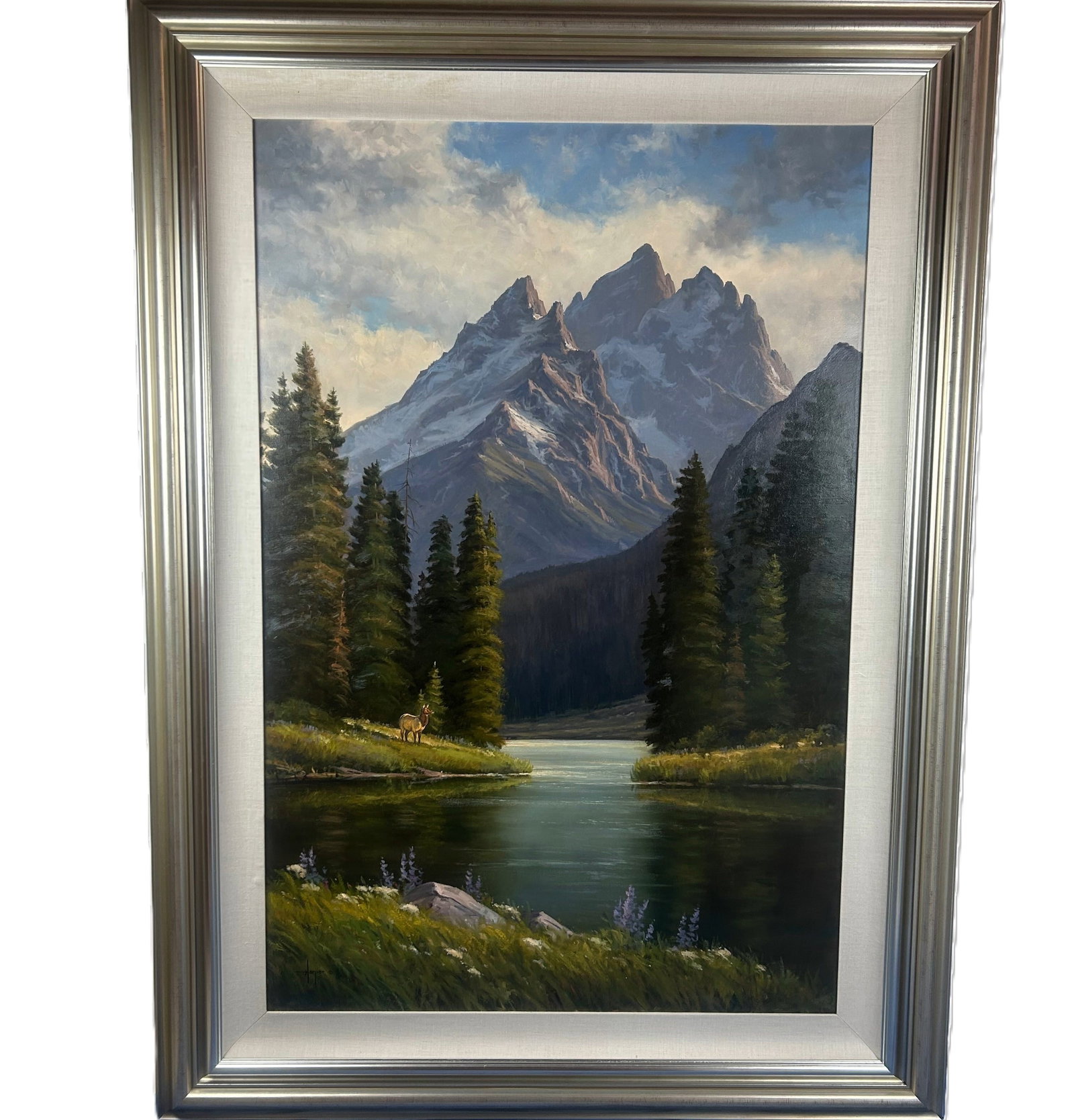 Robert Harper Mountain Landscape exquist Frame: Extra large, framed and matted painting of Wyoming landscape, String Lake, by well-known artist Robert Harper. From private collection. Fresh to Market.