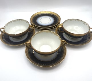 Limoges Porcelain Blue Cobalt Set of Three Small Soup Bowls w/ Handles & Six Small Dinner Plates