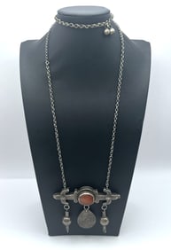 Antique Tribal Turkman Silver Carnelian Necklace w/ Antique Coin Medallion
