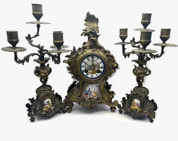 Antique French Bronze & Enamel Clock from 18th Century & Matching Candelabras