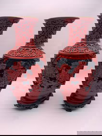 Pair of Cinnabar Red Lacquer Chinese Vases