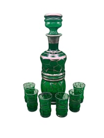 Silver-Plated English Glass Decanter w/ Set of Six Shot Glasses