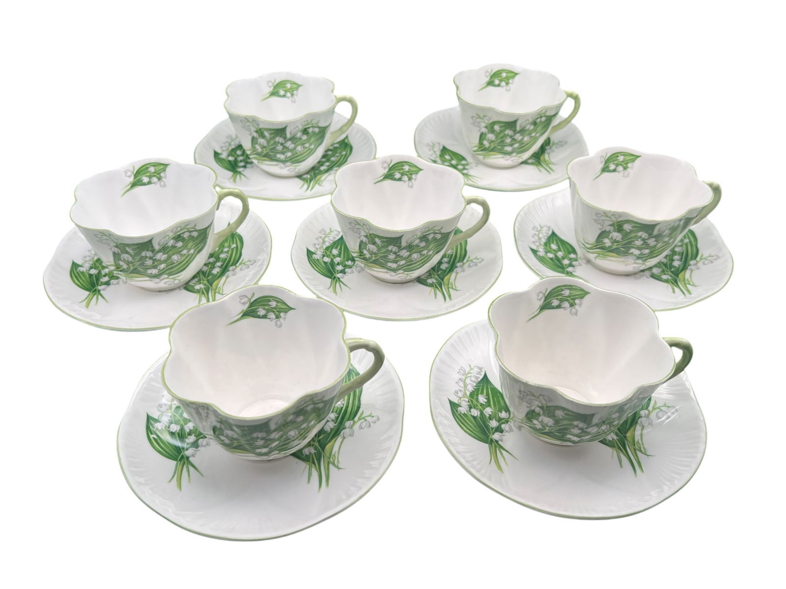 Shelley Fine Bone China "Lily of the Valley" Tea Cups & Saucers, Set of 7: Set of 7 tea cups & saucers from the Shelley "Lily of the Valley" set.