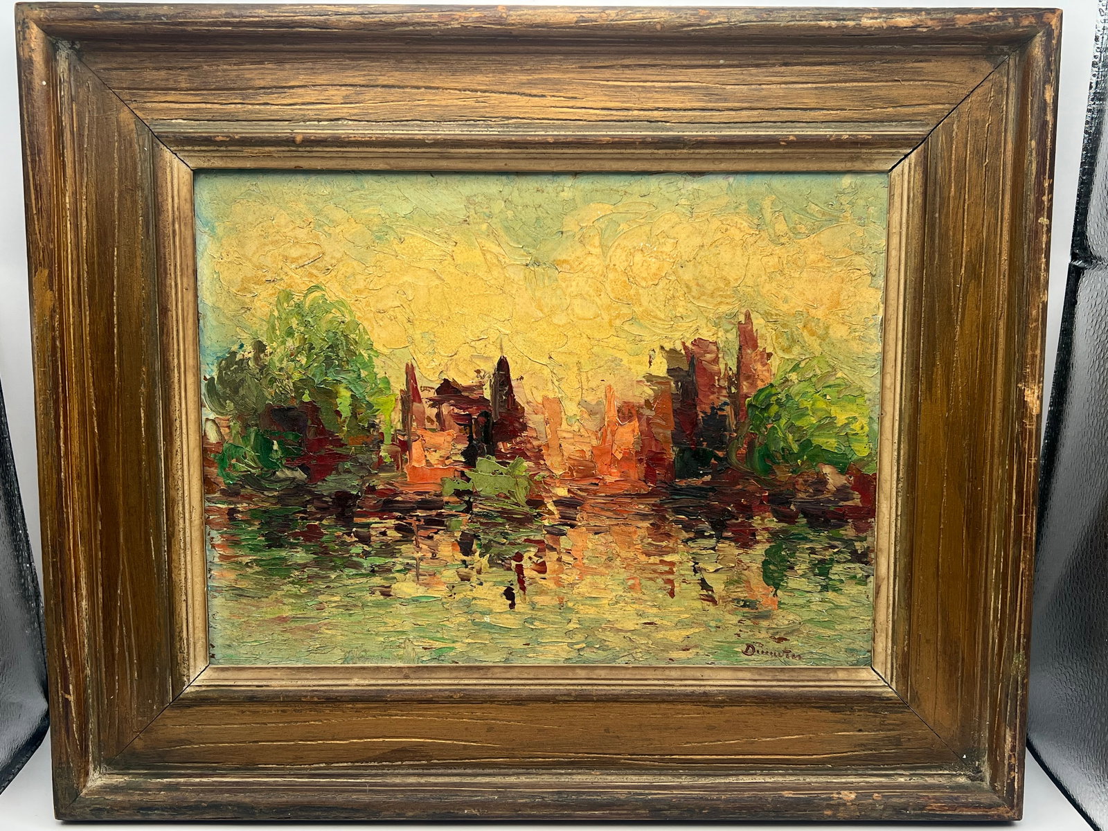 A. F. Dumitru, Paysage, Oil on Canvas: Landscape oil painting on canvas, wooden frame, signed by A. F. Dumitru. Depicts a lake with a town in the distance.
