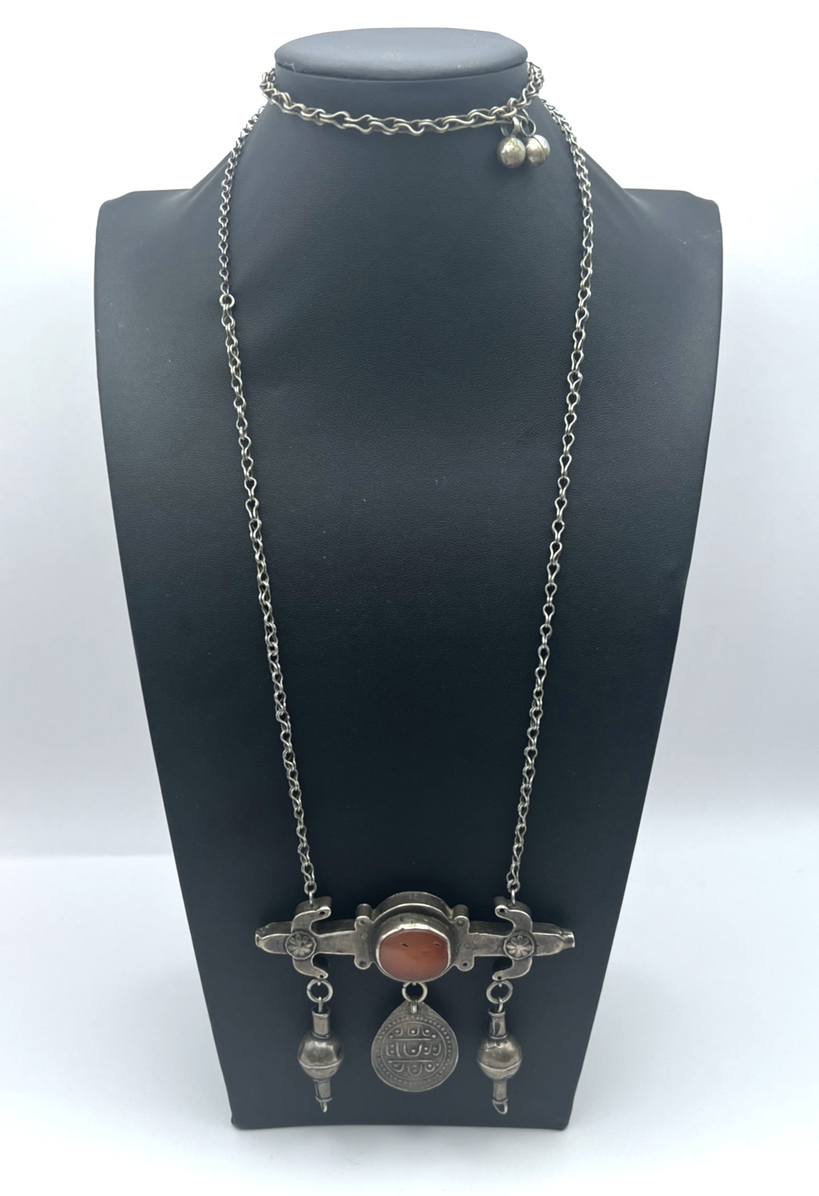 Antique Tribal Turkman Silver Carnelian Necklace w/ Antique Coin Medallion: Ancient tribal Turkman silver necklace with carnelian stone and antique coin medallion.