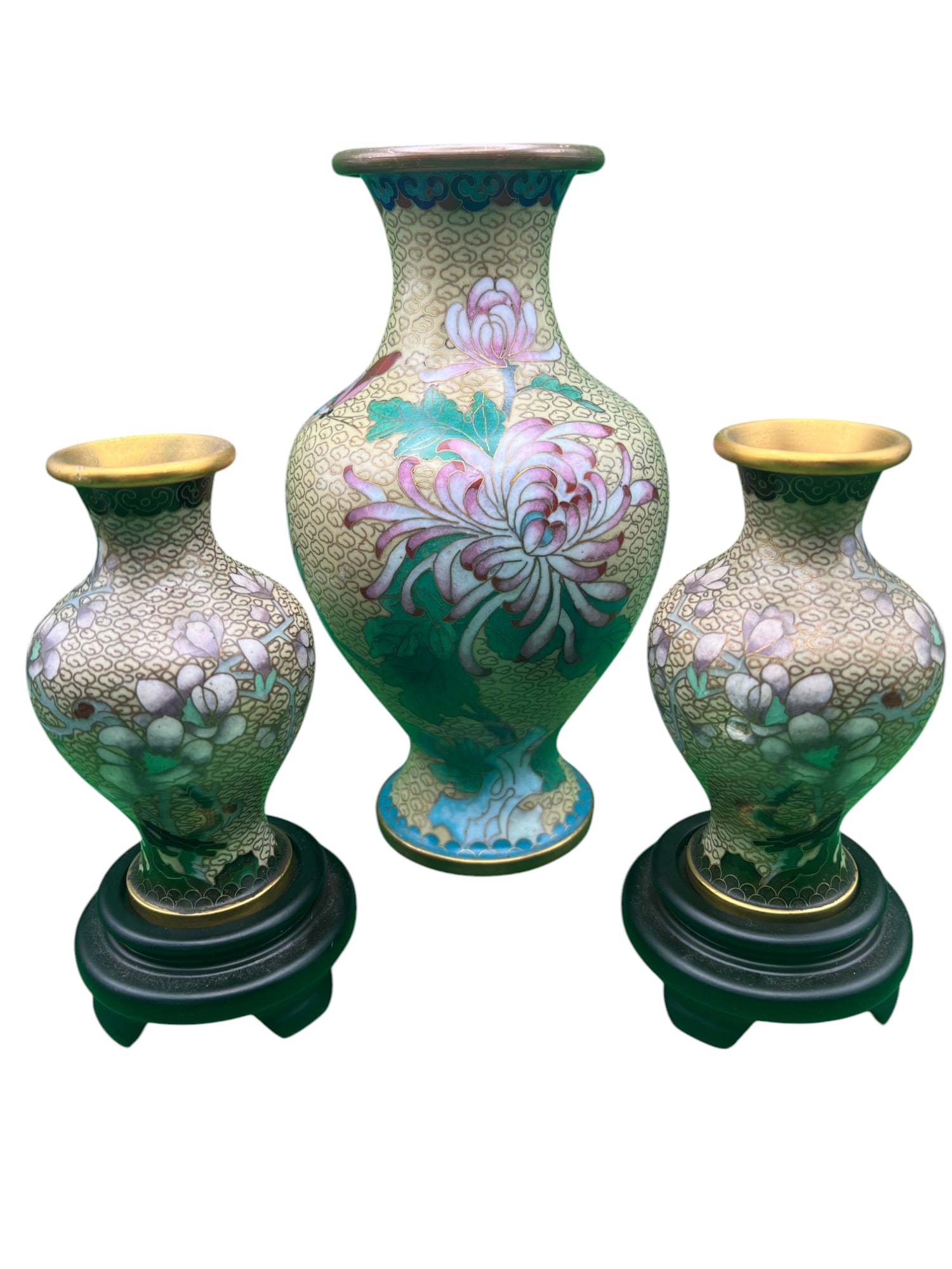 Vintage Bronze & Enamel Cloisonné Chinese Vases: Set of one larger and two smaller cloisonné vases of brass and enamel, painted yellow and depicting imagery of birds and cherry blossoms.Condition: Used