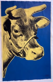 Andy Warhol Blue Yellow Cow Signed, Measures 45 1/4 X 29 1/2 inches, signed lower right by the