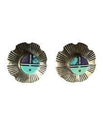Old Pawn Navajo Inlay Turquoise, Onyx and Purple Spiny Sterling Silver Stud Earrings