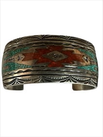 Old Pawn Vintage Navajo Chip Inlay with Turquoise, Coral & Sterling Silver Cuff Bracelet