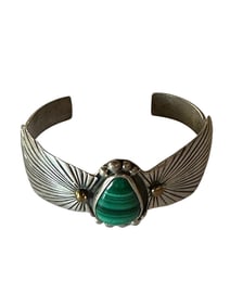 Old Pawn Navajo Malachite Sterling Silver and 14k Gold Cuff by artist Troy Laner