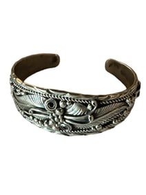 1970s Flower and Leaf Cuff Bracelet in Sterling Silver