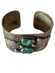 Hand Forged Old Pawn Sterling Silver Cuff with Natural Kingman Turquoise by F. Sandoval