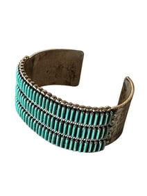 Zuni Sterling Silver & Turquoise Hand Stamped Needlepoint Cuff Bracelet by Artist Calvin Eustace