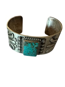 Navajo Hand Forged and Hand Stamped Old Pawn Sterling Silver Kingman Web Turquoise Cuff by Charles