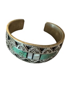 Navajo Hand Forged and Hand Stamped Old Pawn Sterling Silver Multi-Stone Cuff Signed
