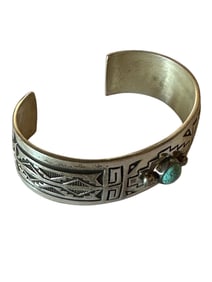 Old Pawn Handstamped and Hand Forged Turquoise and Sterling Silver Bracelet Signed and Stamped