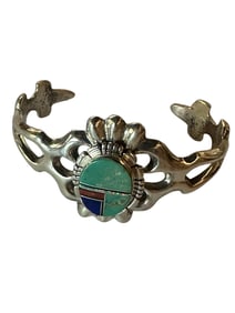 Old Pawn Multi-Stone Inlay and Sterling Silver Bracelet Signed and Stamped Sterling