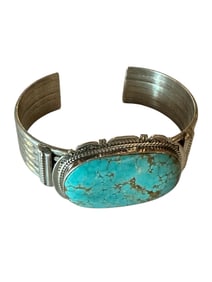 Old Pawn Kingman Turquoise & Sterling Silver Cuff Bracelet by J. Nelson