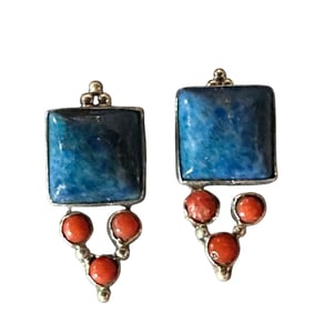Navajo Lapis, Coral & Sterling Silver Earrings, Stamped Sterling