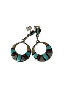 Zuni Multi-Stone Inlay & Sterling Silver Dangle Earrings, Signed and Stamped Sterling