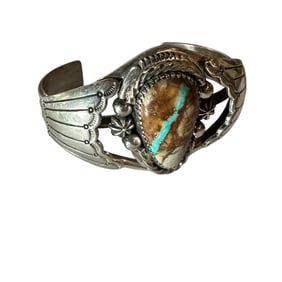 Old Pawn Vintage Navajo Ribbon Turquoise and Sterling Silver Cuff Bracelet Cuff