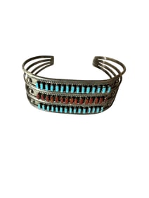 Old Pawn Vintage Zuni Coral and Turquoise Needlepoint Cuff Bracelet