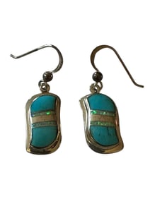 Old Pawn Turquoise and Opal Inlay & Sterling Silver Dangle Wire Earrings, Signed and Stamped