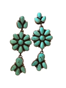 Old Pawn Navajo Kingman Turquoise Cluster & Sterling Silver Cluster Dangle Post Earrings, Signed and
