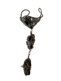 Old Pawn Onyx Goddess Chain Bracelet with ring attached, signed and stamped Sterling