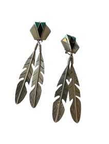Old Pawn Turquoise, Onyx & Sterling Silver Feather Clip On Dangle Earrings