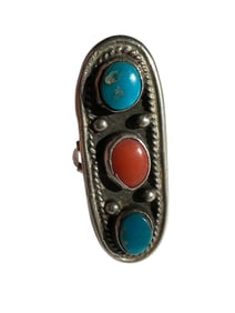 Old Pawn Turquoise, Red Coral and Sterling Silver Ring Size 8.25