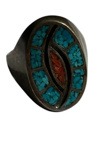 Old Pawn Multistone and Sterling Silver Inlay Ring Size 12.75