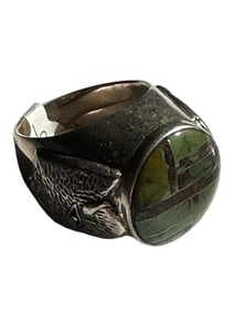 Old Pawn Turquoise and Sterling Silver Bison Ring, Stamped and Signed Sterling, Size 13