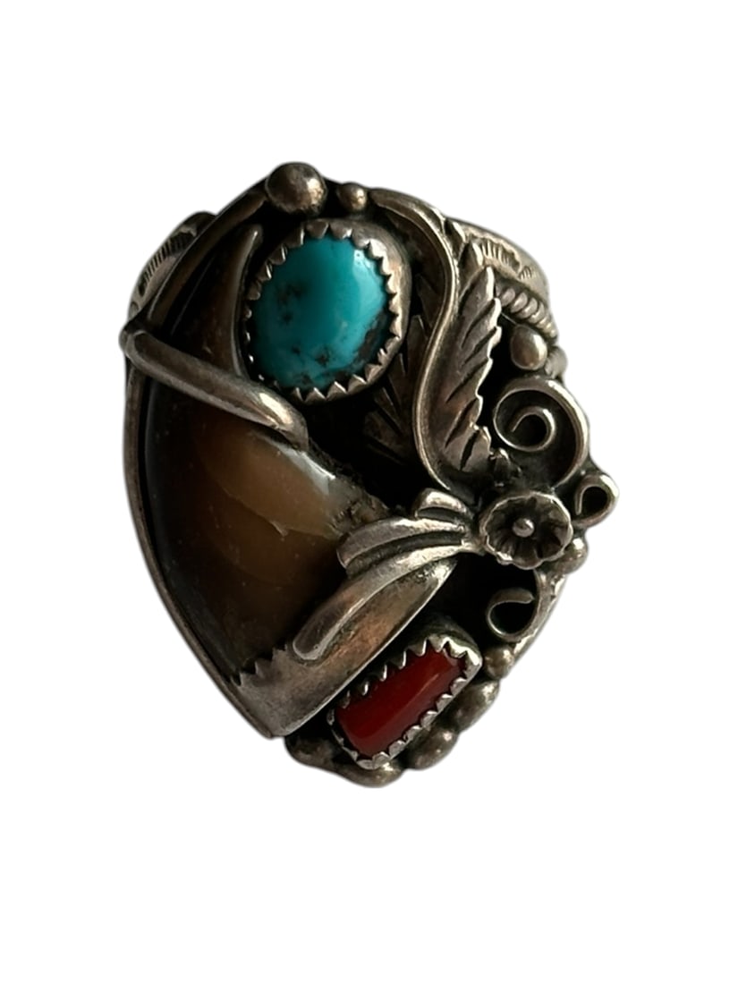 Old Pawn Vintage Sterling Silver turquoise and coral bear claw ring size 13. (1 of 4)