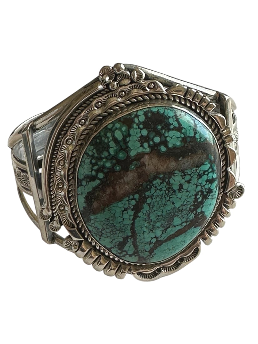 Old Pawn Vintage Hubei Turquoise and Sterling Silver Cuff Bracelet.: This amazing cuff is signed by the artist and has been tested and is Sterling Silver. This piece measures 2 1/2 inches long and 2 inches wide. Weight is 90 grams. Circumference is 5 3/4 inches with 1