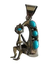 Old Pawn Vintage Navajo Kingman Turquoise and Sterling Silver Kokopelli Flute Player Pendant.