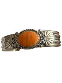 Old Pawn Orange Spiny Sterling Silver Bracelet, signed and stamped Sterling