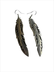 Old Pawn Sterling Silver Feather Dangle Earrings Signed and Stamped Sterling